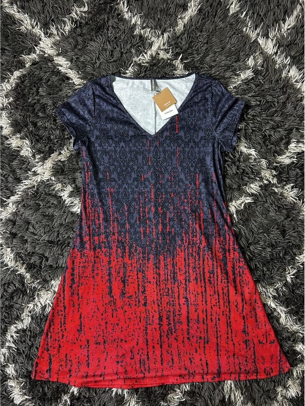 NWT Noracora V-Neck Short Sleeve Dress XL Red Black Damask Print Casual